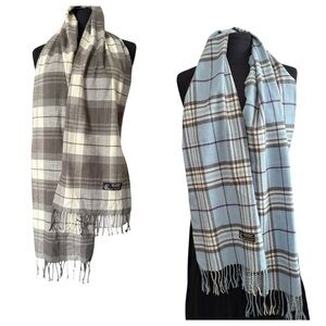 2 Italy Design Cashmere Viscose Blend Plaid Fringed Scarves in blue and gray